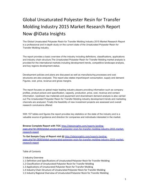 Global Unsaturated Polyester Resin for Transfer Molding Industry 2015 Market Research Report