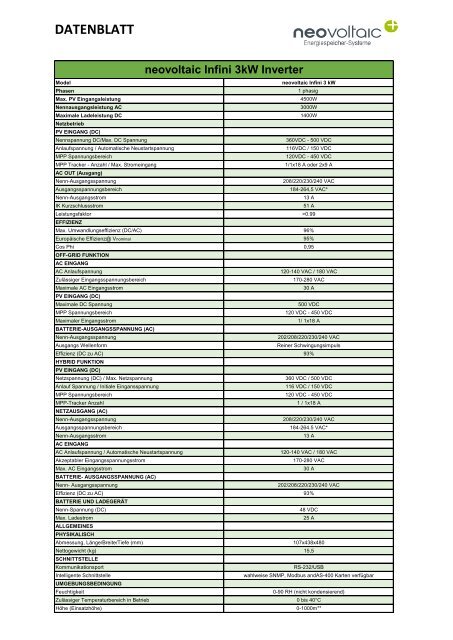 Technisches Datenblatt - InfiniSolar 3kW