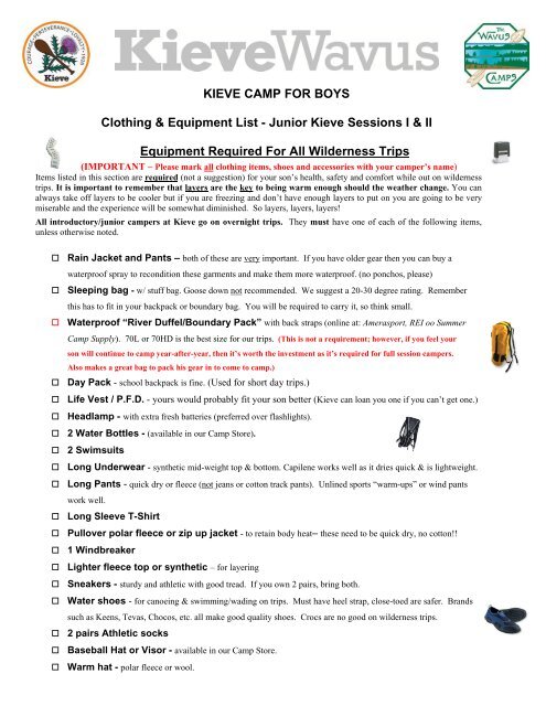 KIEVE CAMP FOR BOYS Clothing & Equipment List - Junior ...