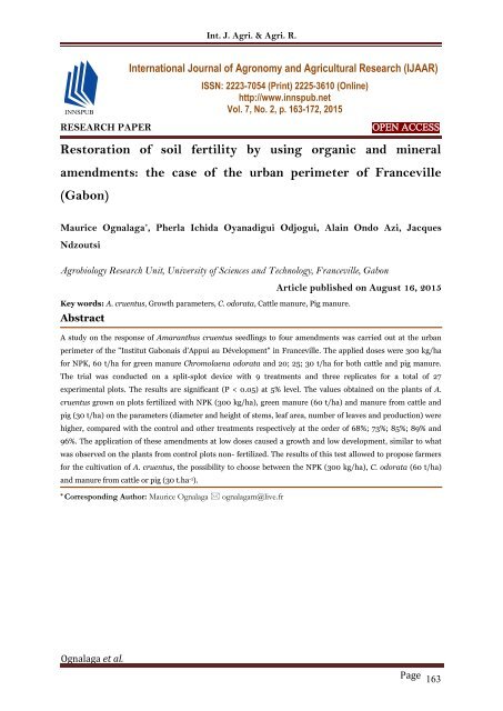 Restoration of soil fertility by using organic and mineral amendments: the case of the urban perimeter of Franceville (Gabon)