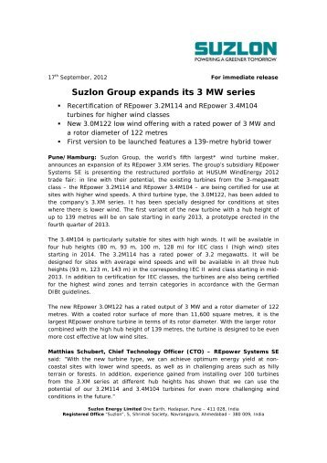 Suzlon Group expands its 3 MW series - REpower Systems AG