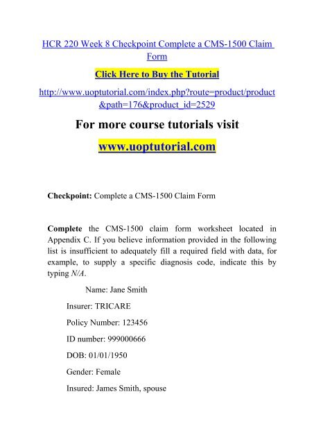 HCR 220 Week 8 Checkpoint Complete a CMS-1500 Claim Form