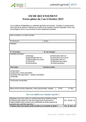 calamitéagricole 2015 FICHE RECENSEMENT Fortes pluies du 2 au 4 Octobre 2015