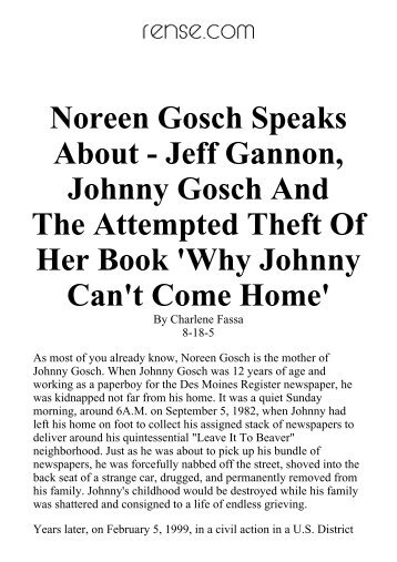 Noreen Gosch Speaks About - Jeff Gannon, Johnny Gosch And The ...