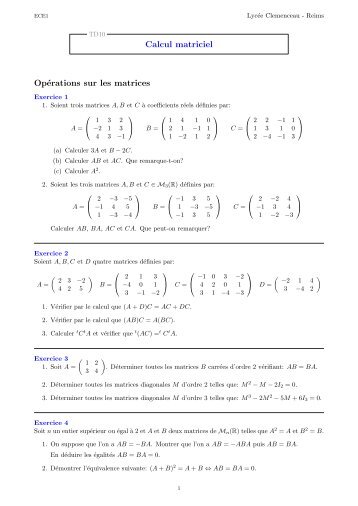 Calcul matriciel Opérations sur les matrices
