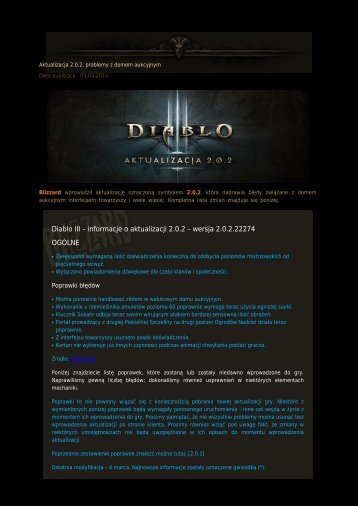 Diablo III – informacje o aktualizacji 2.0.2 – wersja 2.0.2.22274 OGÓLNE