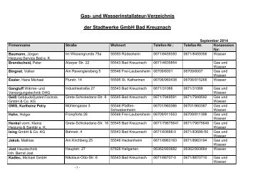 Gas- und Wasserinstallateur-Verzeichnis der Stadtwerke GmbH Bad Kreuznach