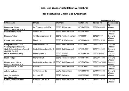 Gas- und Wasserinstallateur-Verzeichnis der Stadtwerke GmbH Bad Kreuznach