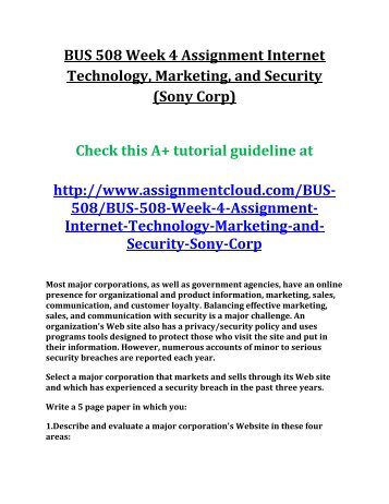 bus508 technology and security Bus 508 assignment 4 internet technology, marketing, and security (sony corp) bus 508 assignment 5 financial management (pepsi and coca cola. bus508 technology and security Bus 508 assignment 4 internet technology, marketing, and security (sony corp) bus 508 assignment 5 financial management (pepsi and coca cola.