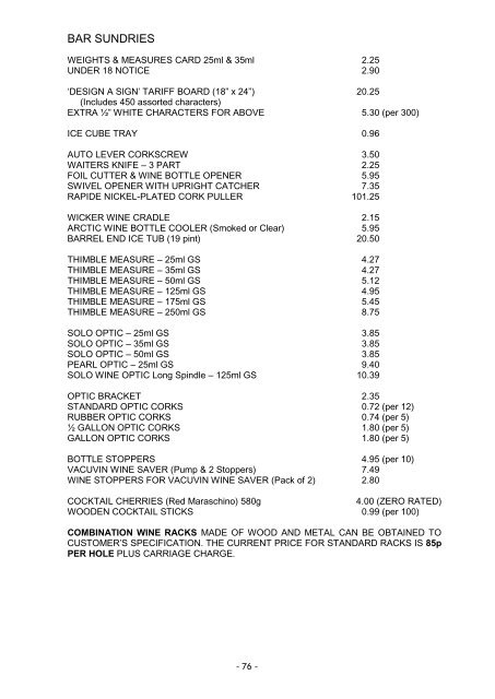 Page and Sons Trade Price List