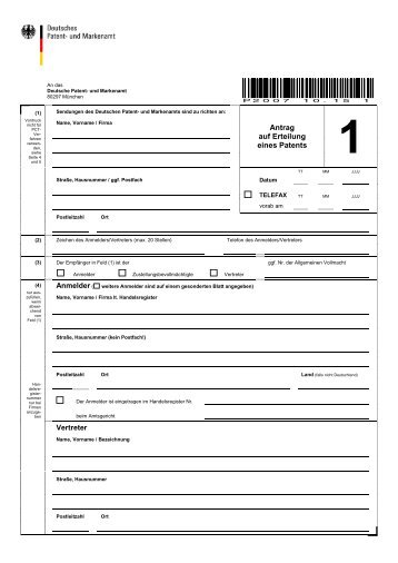 Formblatt P 2007 "Antrag auf Erteilung eines Patents" - DPMA