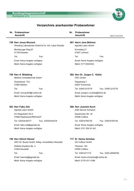 Probenehmerliste mit Telefonnummern - Bundesgütegemeinschaft ...