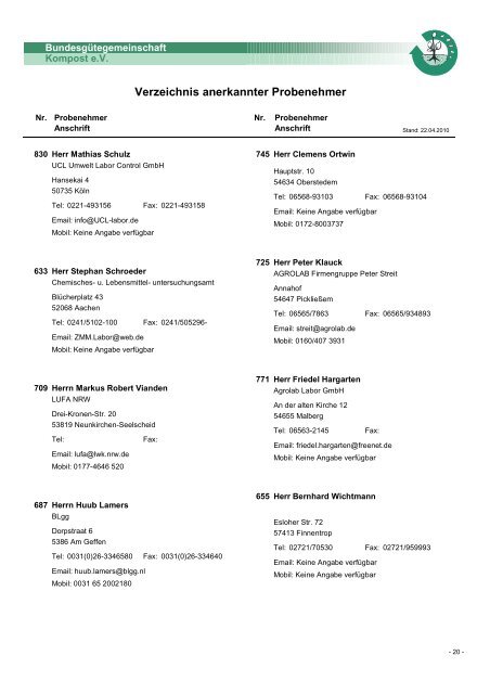 Probenehmerliste mit Telefonnummern - Bundesgütegemeinschaft ...