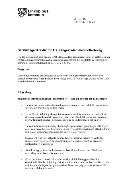 Särskilt ägardirektiv för AB Stångåstaden med dotterbolag