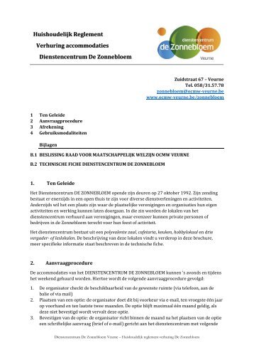 Huishoudelijk Reglement Verhuring accommodaties Dienstencentrum De Zonnebloem