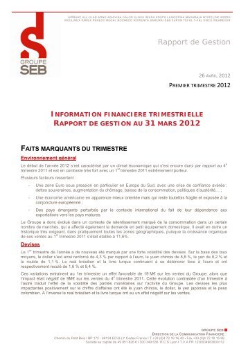 Rapport de gestion au 31 mars 2012 - Groupe SEB