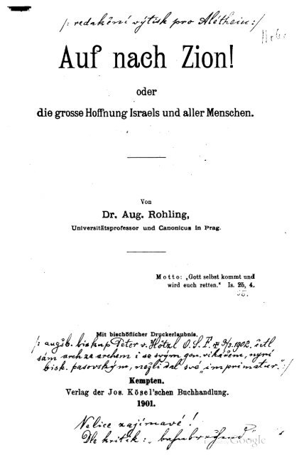 Rohling, August - Auf nach Zion oder die grosse Hoffnung Isreals und aller Menschen (1901, 225 S., Scan)