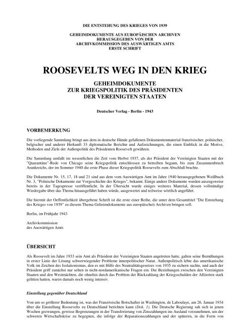 Auswaertiges Amt 1943 - Roosevelts Weg in den Krieg - Geheimdokumente zur Kriegspolitik des Präsidenten der Vereinigten Staaten
