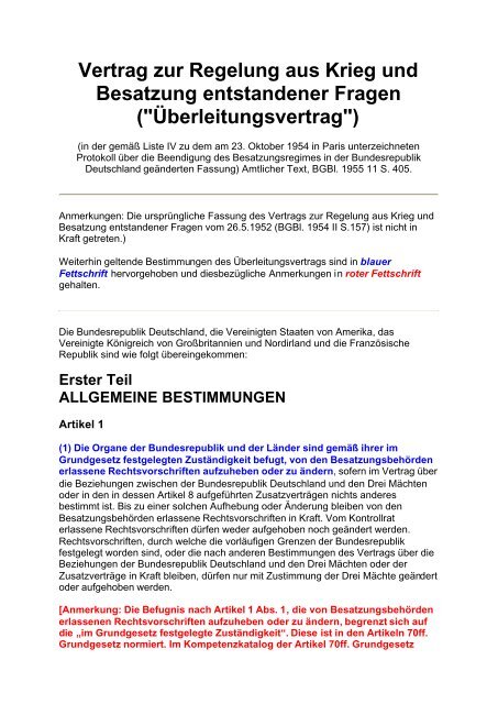 Vertrag zur Regelung aus Krieg und Besatzung entstandener Fragen - Ueberleitungsvertrag (1954, 46 S., Text)