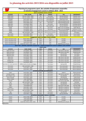 Le planning des activités 2015/2016 sera disponible en juillet 2015