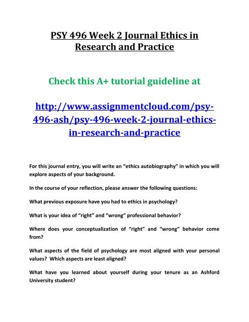 PSY 496 Week 2 Journal Ethics in Research and Practice