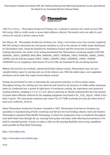 Thermodyne Foodservice Passes EPA 202 Testing Allowing Food Warming Equipment to be used without the Need for an Overhead Kitchen Exhaust Hood