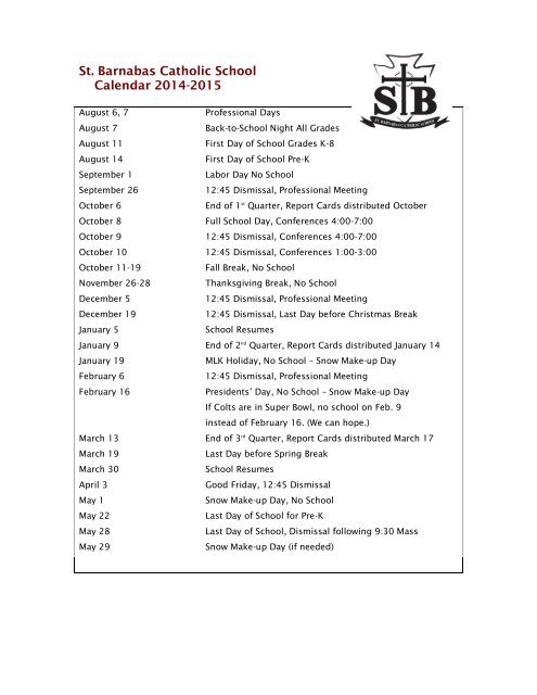 St Barnabas Catholic School Calendar 2014-2015