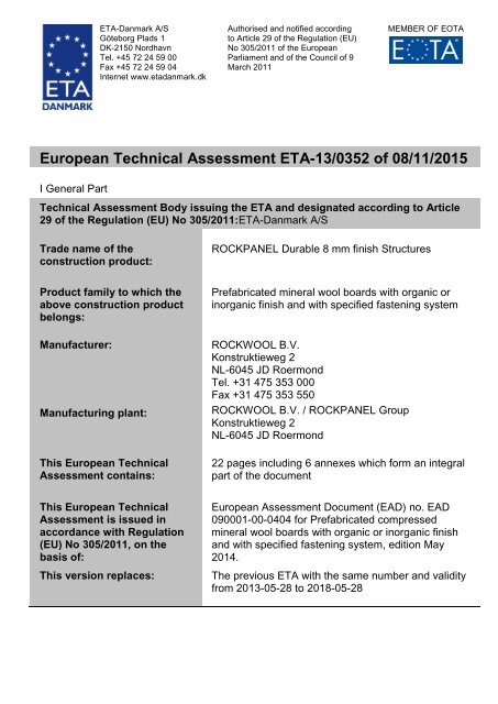 European Technical Assessment ETA-13/0352 of 08/11/2015