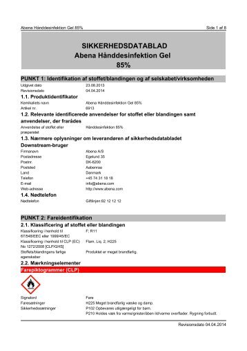 SIKKERHEDSDATABLAD Abena Hånddesinfektion Gel 85%