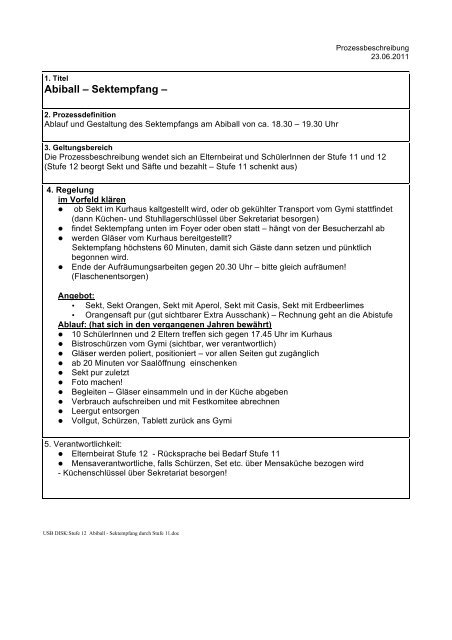 Organisation Sektempfang Ã¢ÂÂ Stufe 12 - Gymnasium Isny