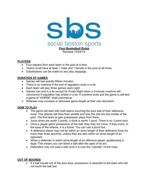 Pool Basketball Rules Revised 10/1/13 - Social Boston Sports