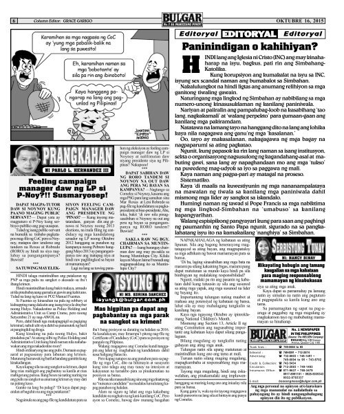 October 16, 2015 BULGAR: BOSES NG PINOY, MATA NG BAYAN