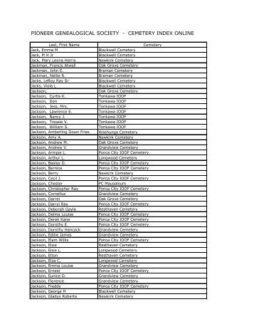 PIONEER GENEALOGICAL SOCIETY - CEMETERY INDEX ONLINE