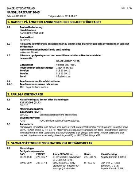 sÃ¤kerhetsdatablad nanolubricant 2045 1. namnet pÃ¥ ... - Orapi