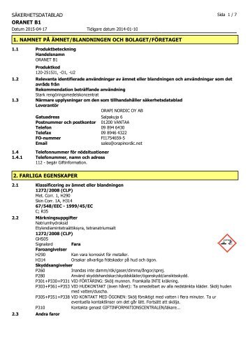 sÃ¤kerhetsdatablad oranet b1 1. namnet pÃ¥ Ã¤mnet ... - Orapi