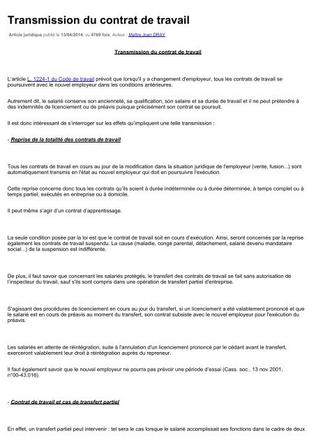 Transmission Du Contrat De Travail