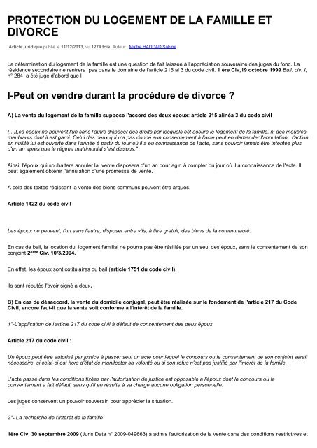 PROTECTION DU LOGEMENT DE LA FAMILLE ET DIVORCE