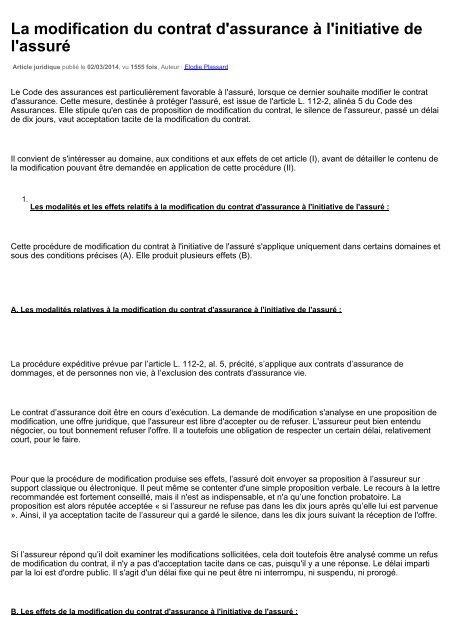 La modification du contrat d'assurance à l'initiative de l'assuré