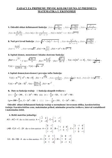 ZADACI ZA PRIPREMU PRVOG KOLOKVIJUMA IZ PREDMETA MATEMATIKA U EKONOMIJI