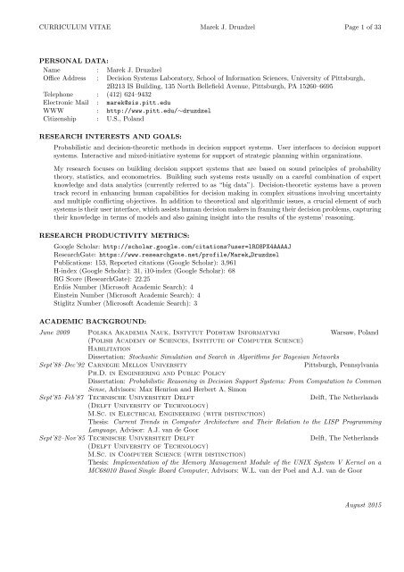 CURRICULUM VITAE Marek J. Druzdzel Page 1 of 31 ...