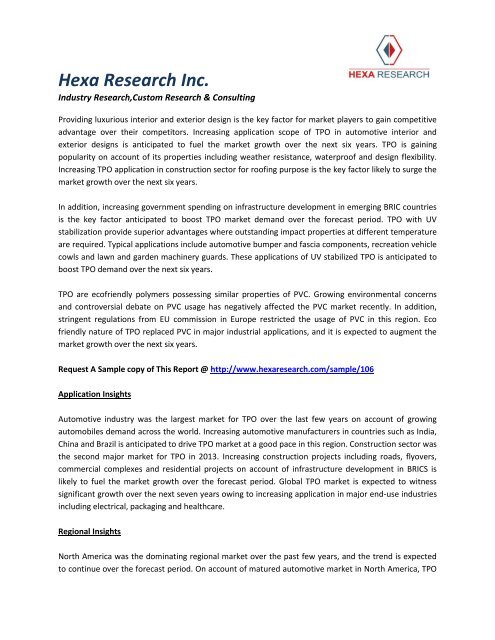 Thermoplastic Polyolefins (TPO) Market Analysis, Market Size, Share, Regional Outlook, Industry Trends, Competitive Strategies And Segment Forecasts, 2012 To 2020