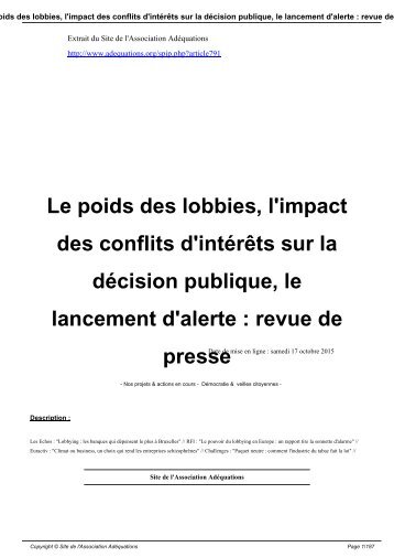 Le poids des lobbies, l'impact des conflits d'intÃ©rÃªts sur la ...