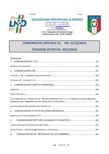 COMUNICATO UFFICIALE 21 DEL 21/10/2015 STAGIONE SPORTIVA 2015/2016