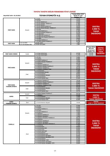 Fiyat Listesi - TOYAN - Toyota Plaza