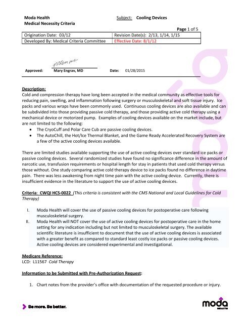 Moda Health Medical Necessity Criteria Subject: Cooling ...