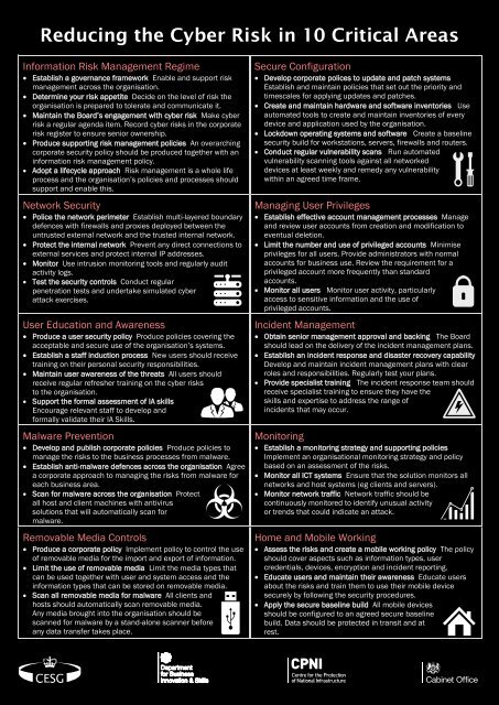10 Critical Risks Reducing the Cyber Risk in 10 Critical Areas