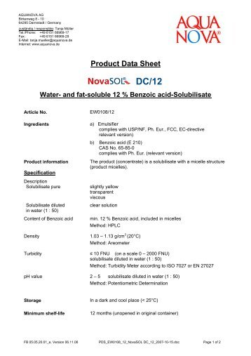 Product Data Sheet DC/12 Water - Aquanova