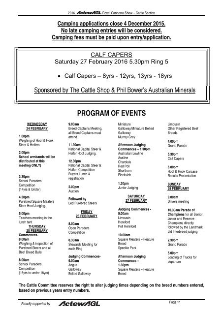 ActewAGL Royal Canberra Show Cattle Schedule