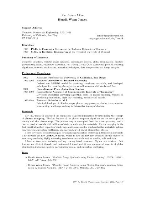 Curriculum Vitae for Henrik Wann Jensen - Computer Graphics ...