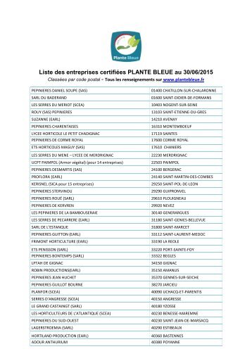 Liste des entreprises certifiées PLANTE BLEUE au 30/06/2015 -